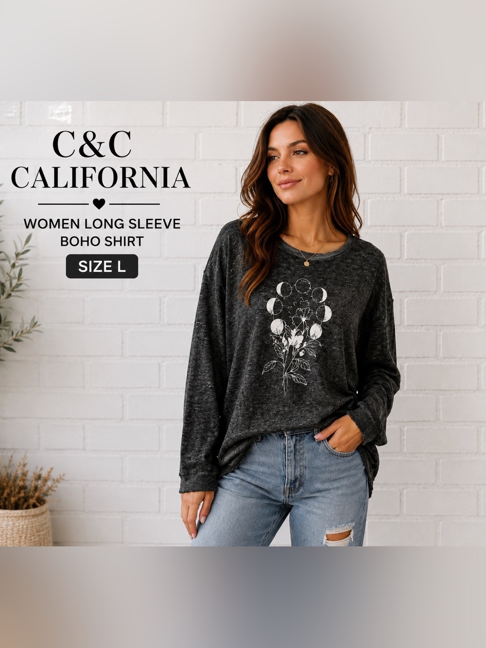 C&C California Boho Moon Phase Graphic Long Sleeve Top Size L Dark Gray